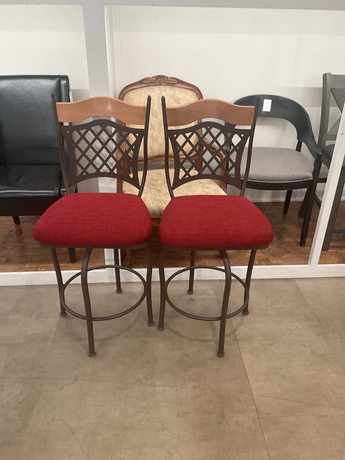 2 Red Metal Wood Bar Stool Set