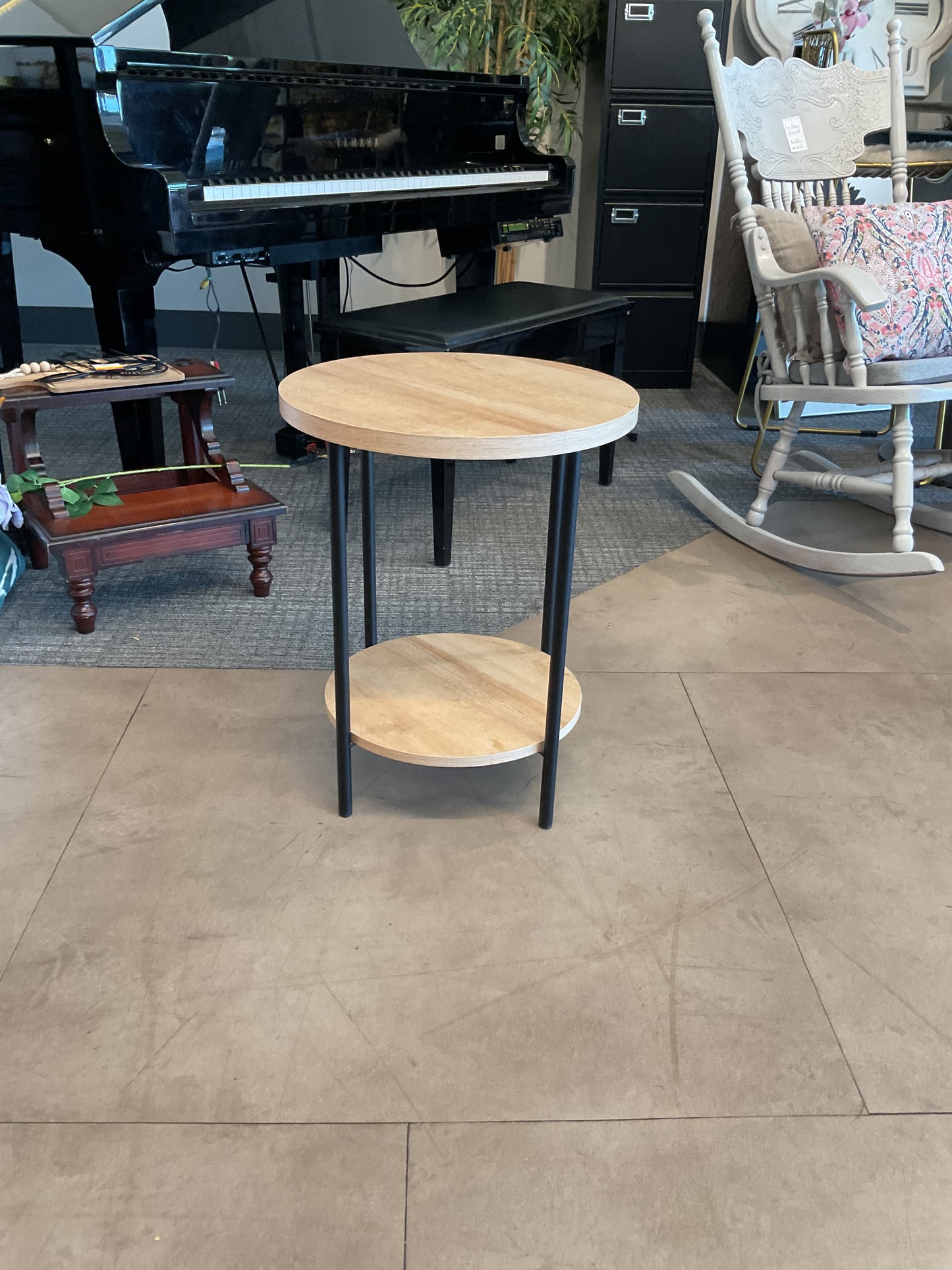 Round 2-Tier Wood & Metal Side Table