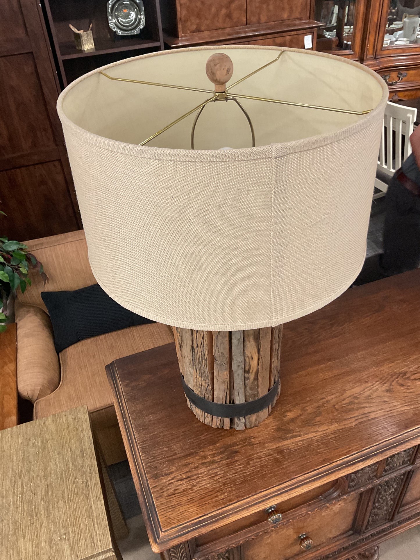 Rustic Wood Barrel Table Lamp w/ Burlap Shade