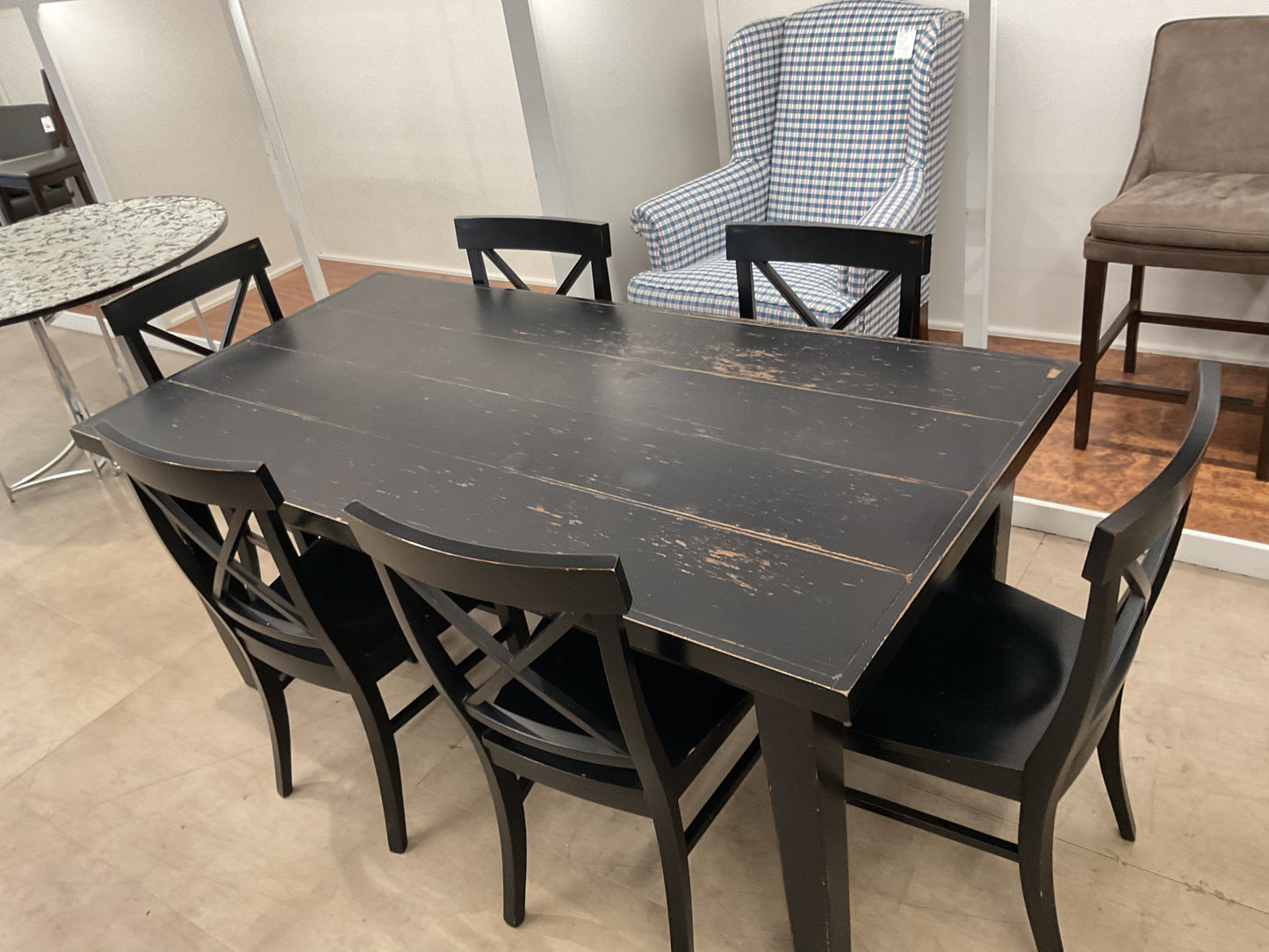 Black Distressed Dining Table W/6 Chairs