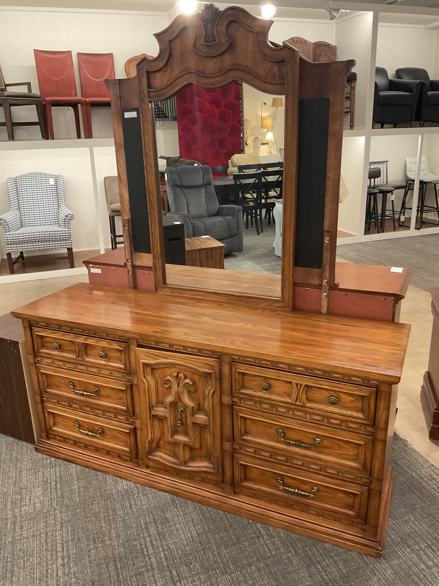 Ornate Wood Dresser W/Mirror