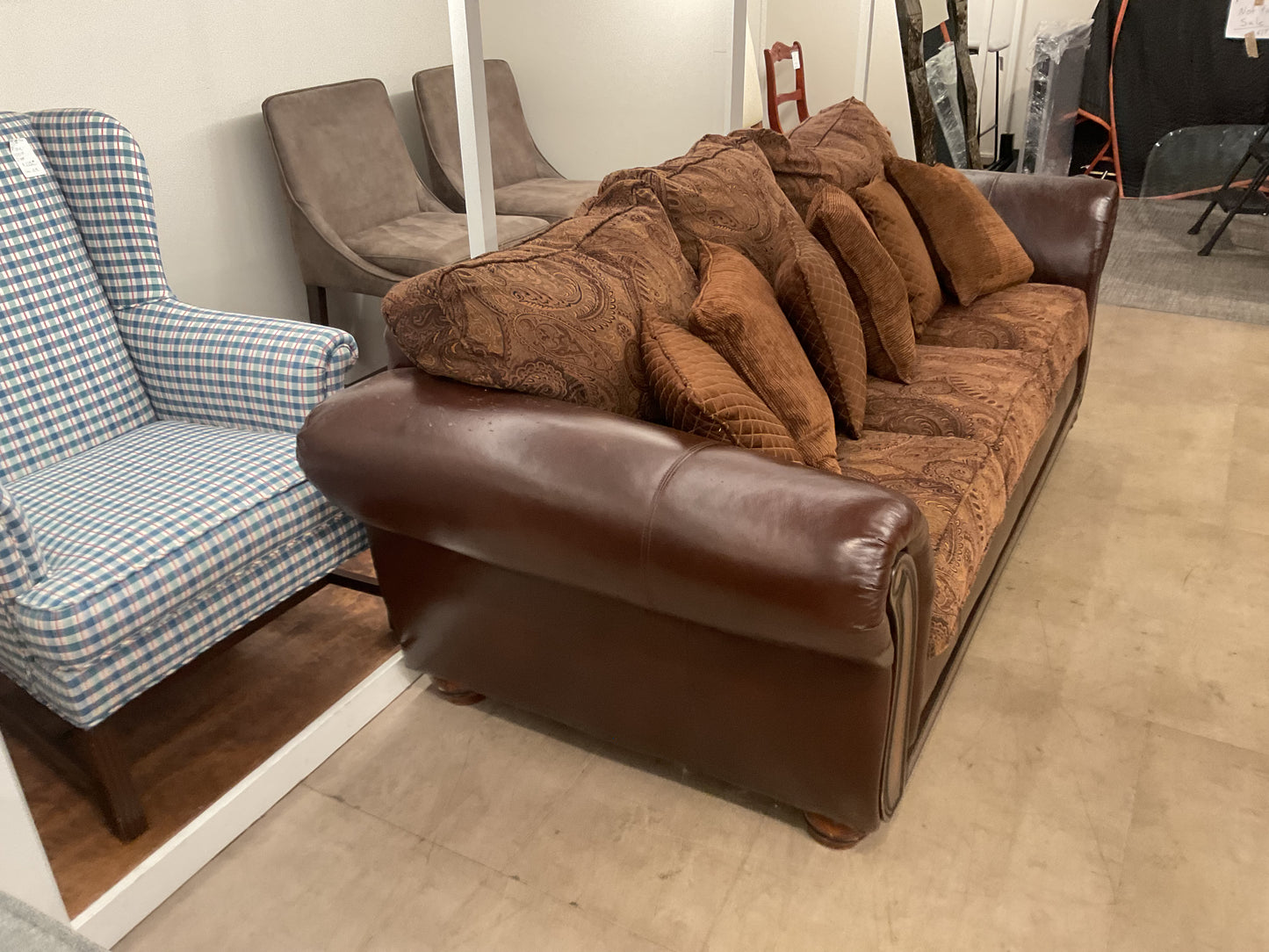 Brown Leather & Fabric Sofa