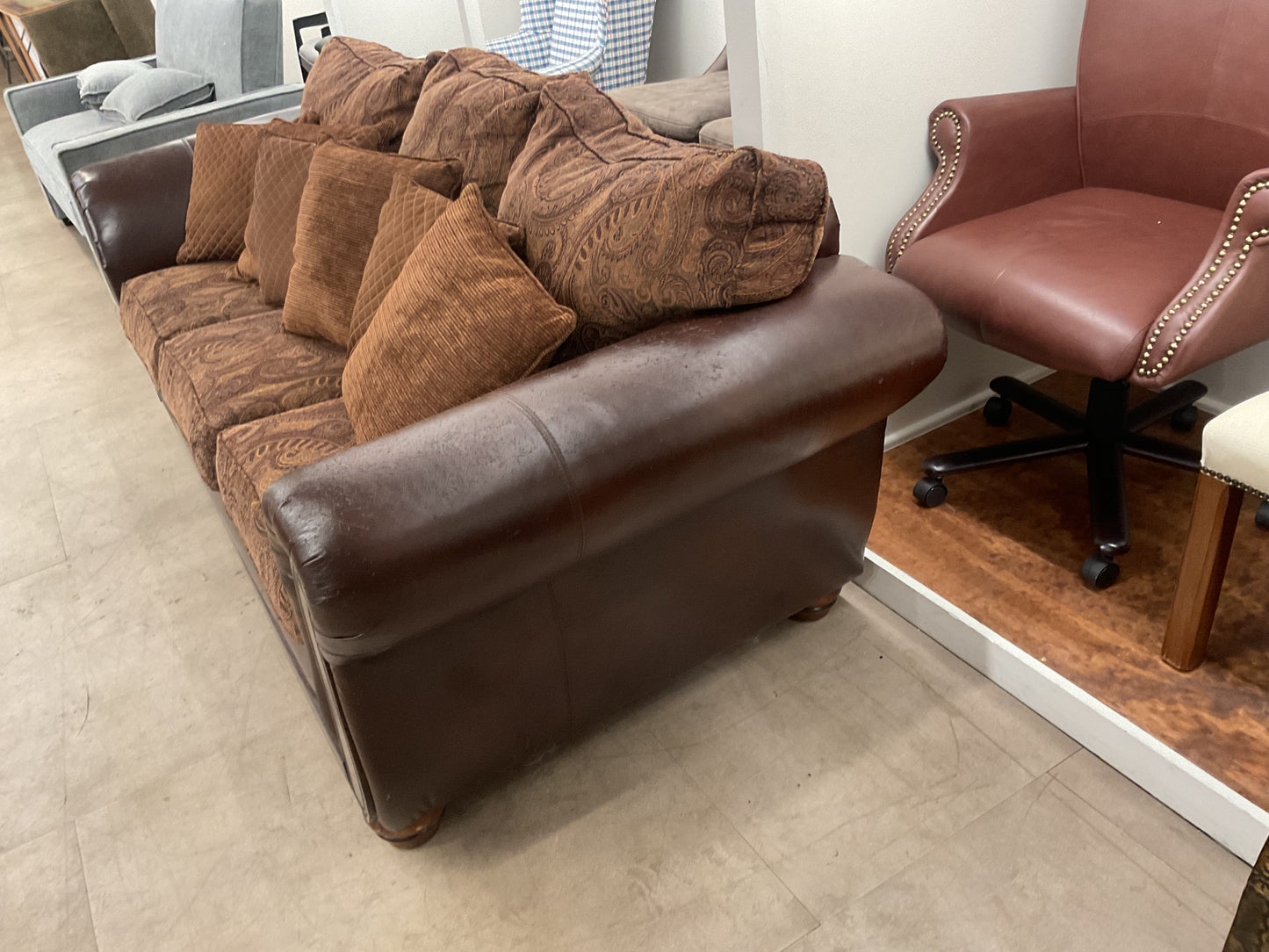 Brown Leather & Fabric Sofa