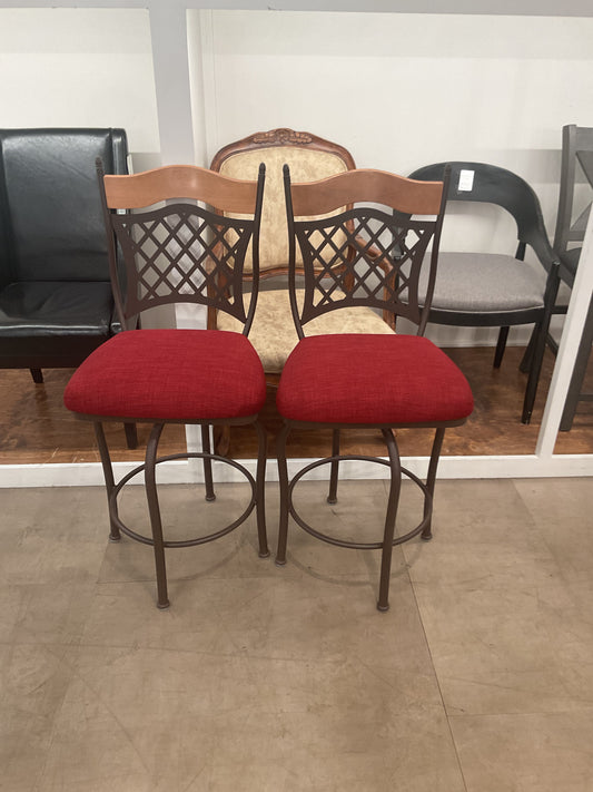 2 Red Metal Wood Bar Stool Set