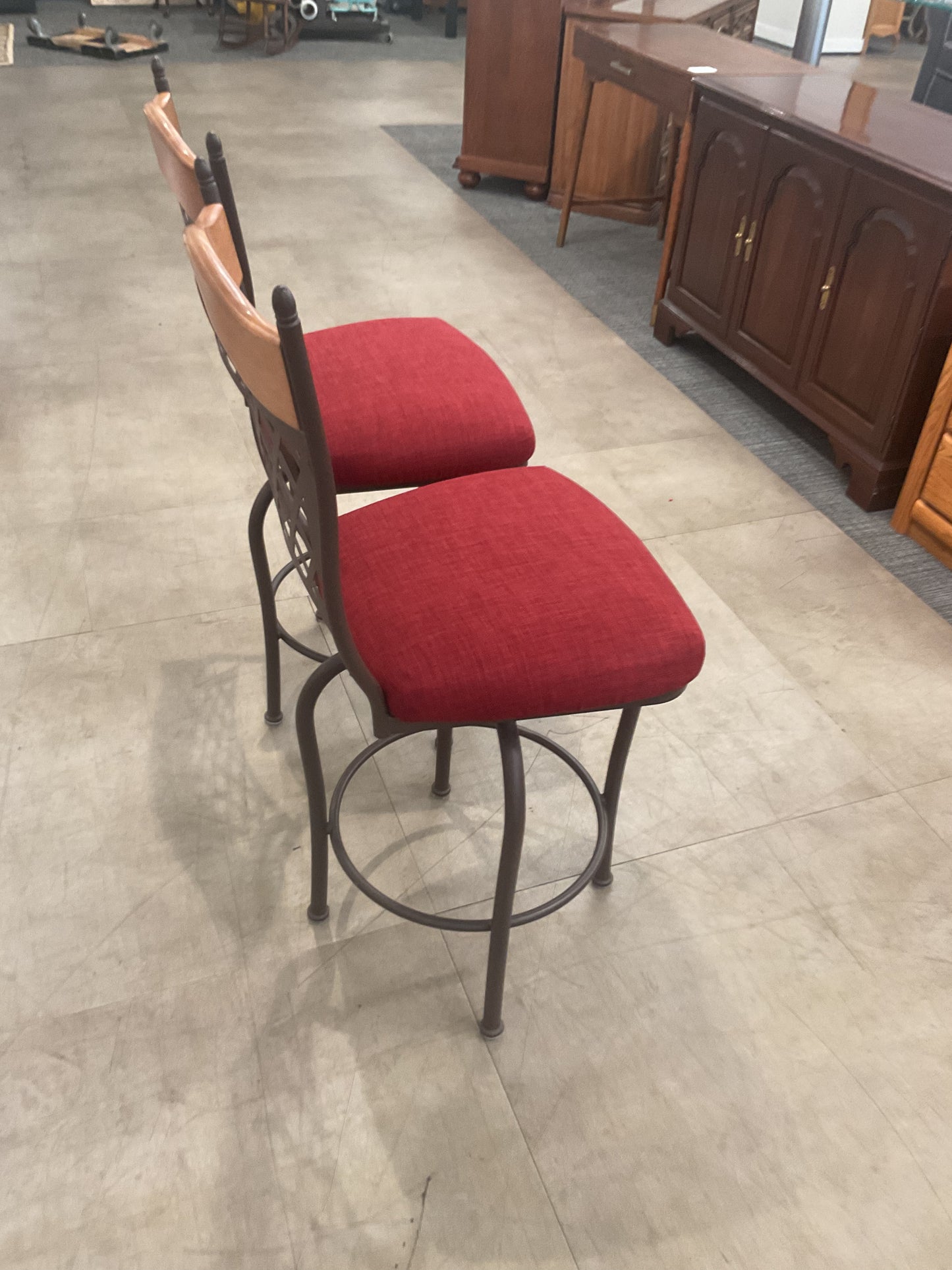 2 Red Metal Wood Bar Stool Set