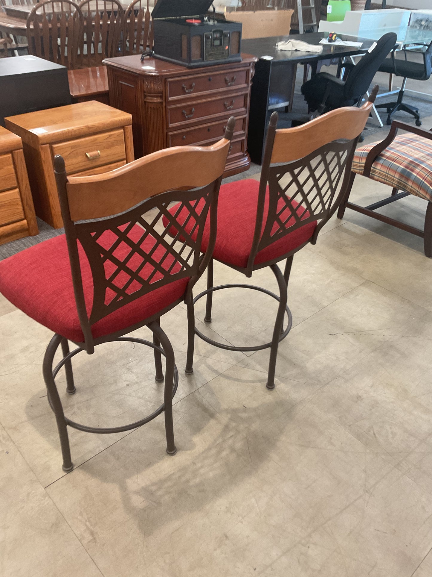 2 Red Metal Wood Bar Stool Set