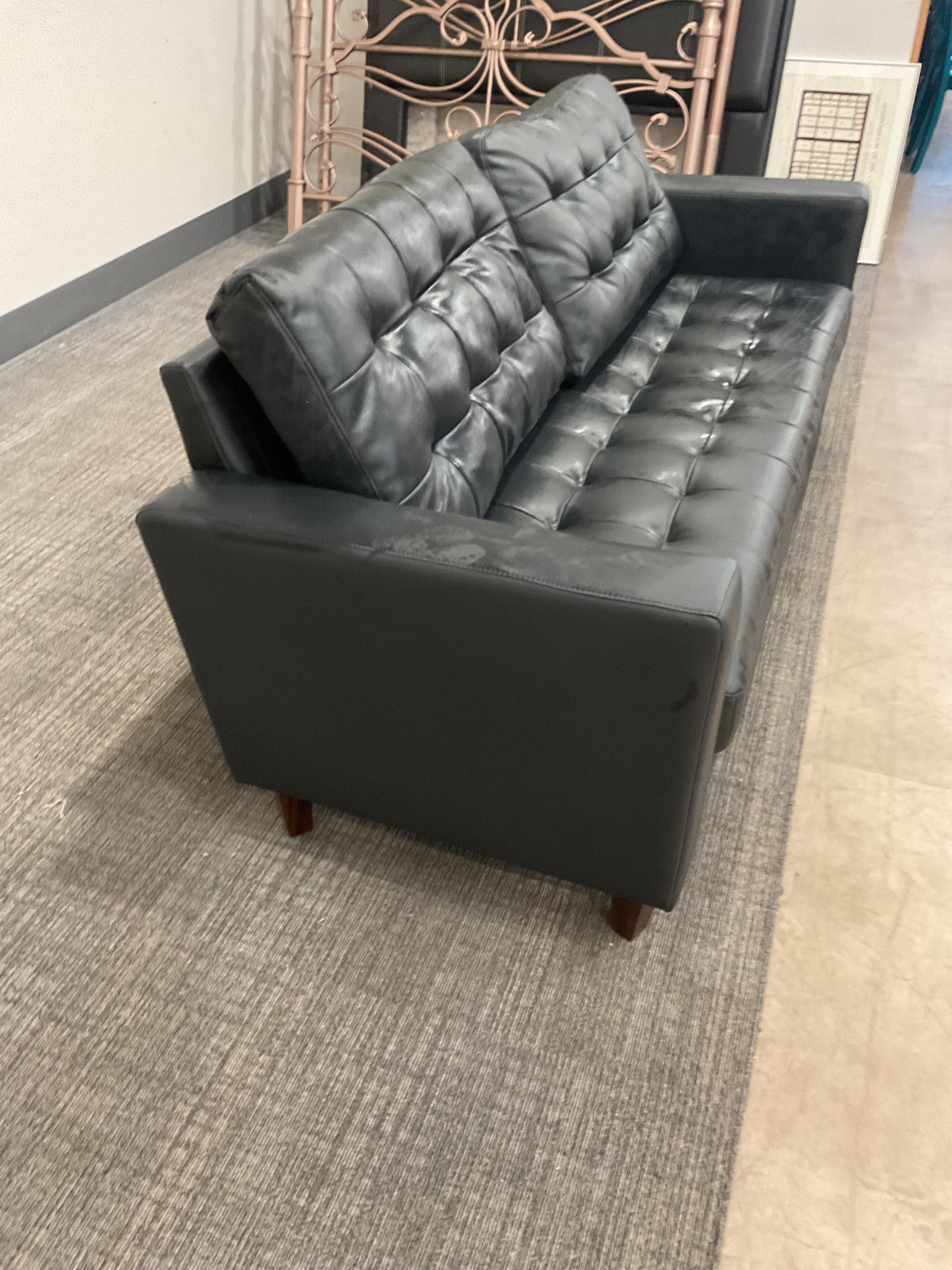 Black Faux Leather Tufted Sofa