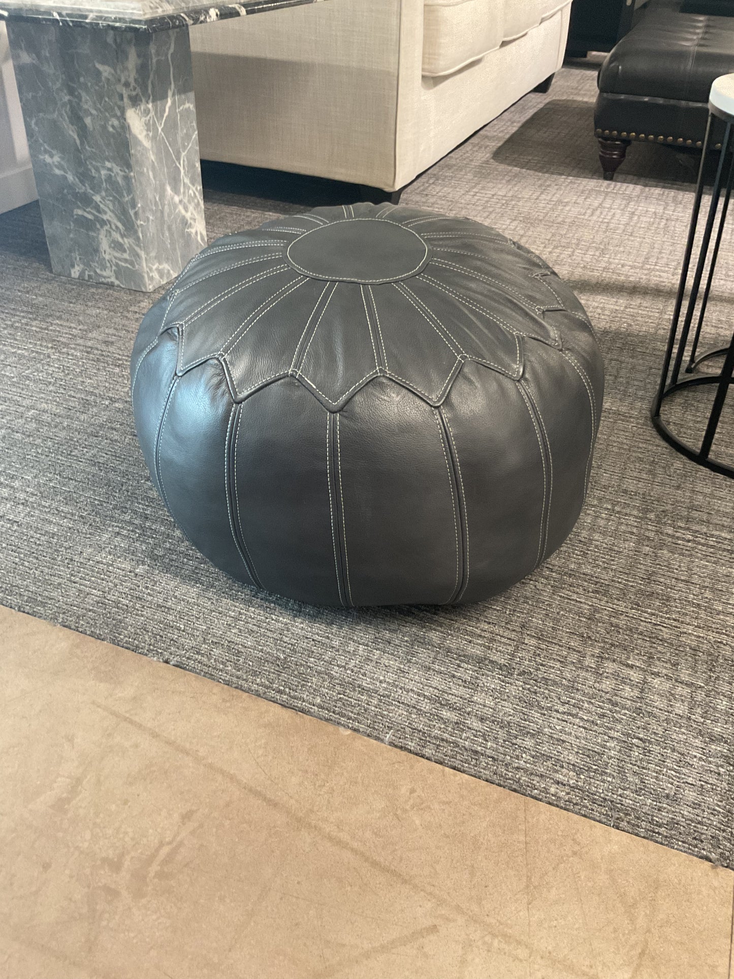 Grey Leather Moroccan Pouf Ottoman