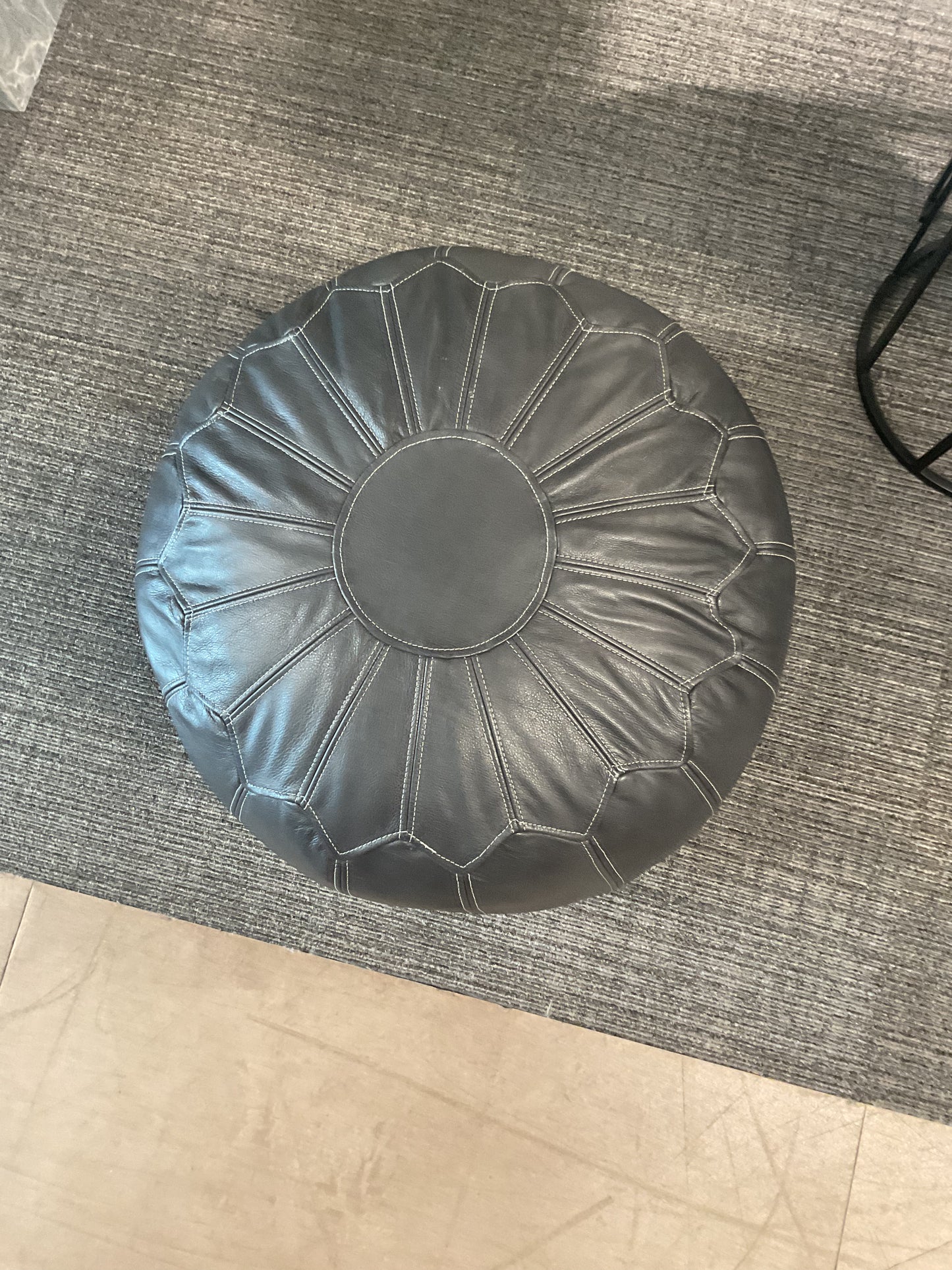 Grey Leather Moroccan Pouf Ottoman