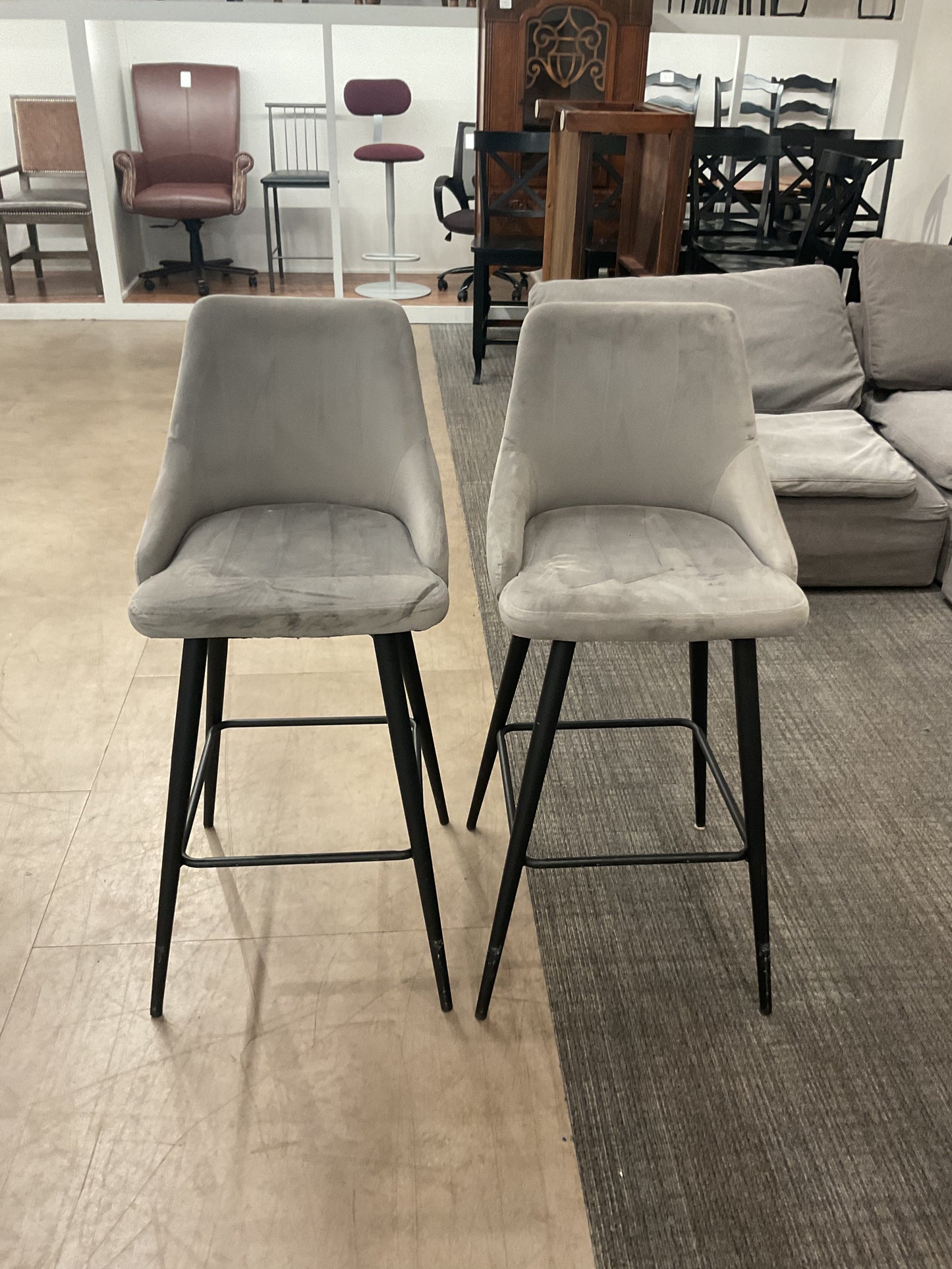 Grey Velvet Bar Stool Pair