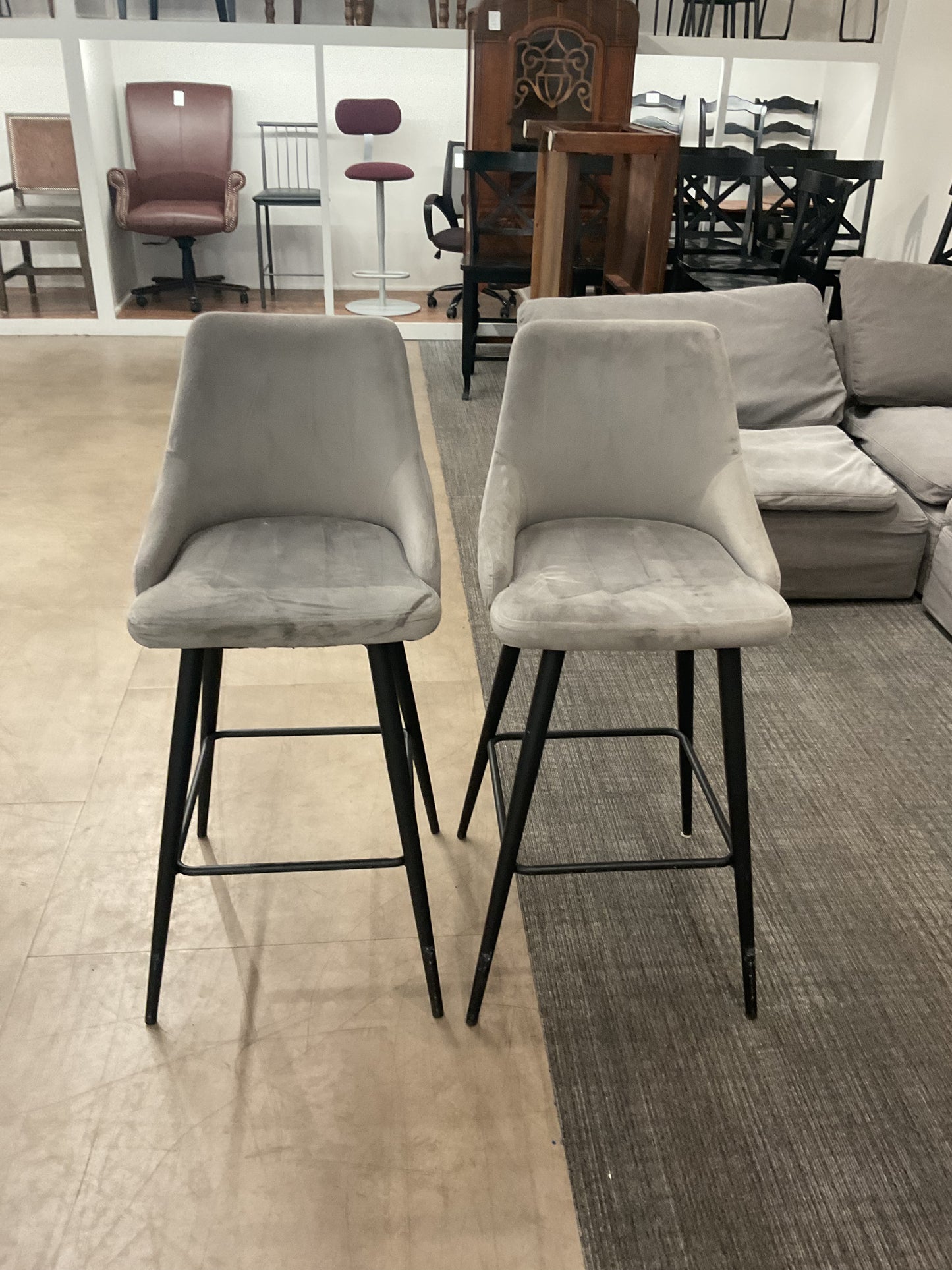 Grey Velvet Bar Stool Pair
