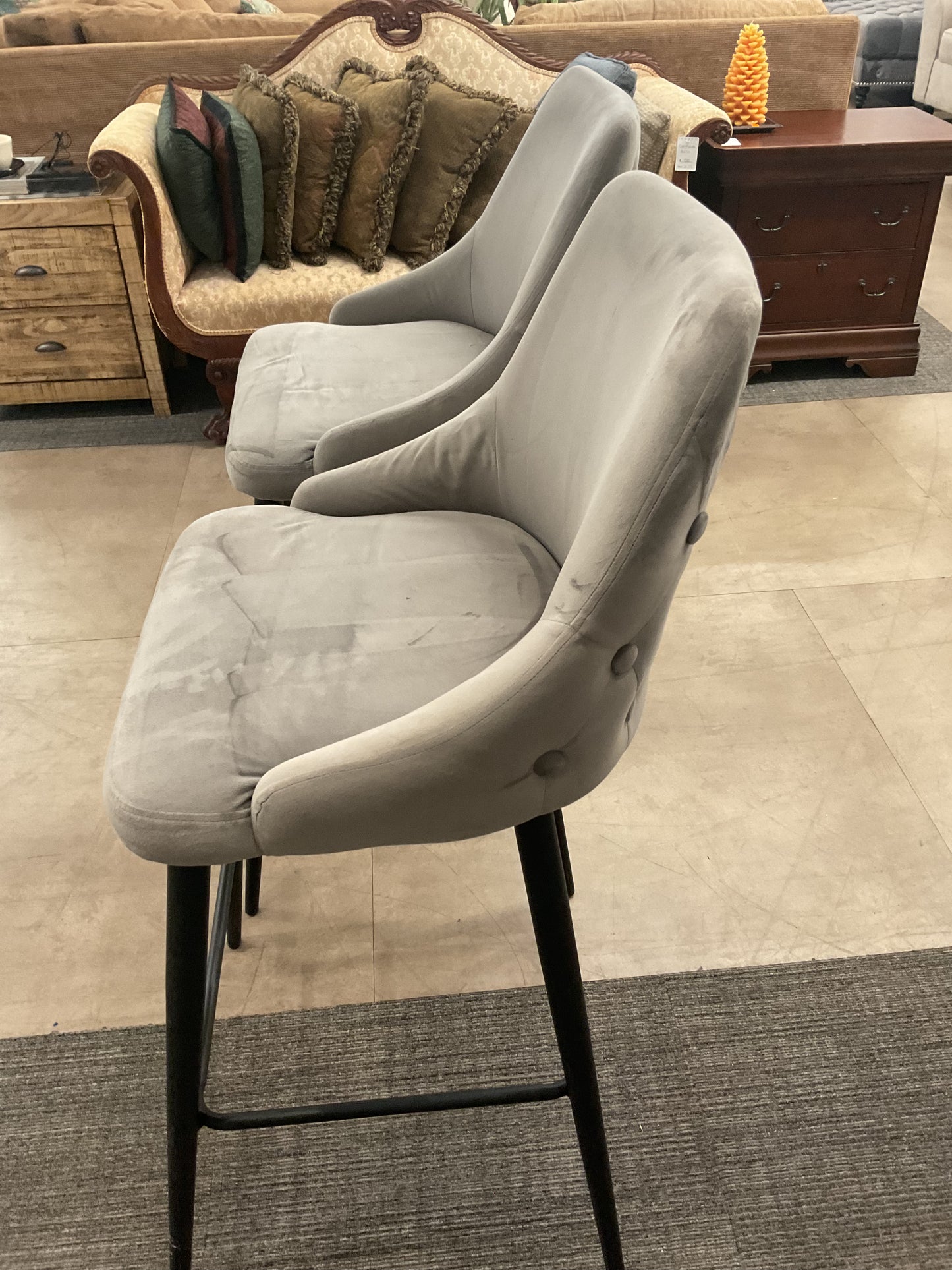 Grey Velvet Bar Stool Pair