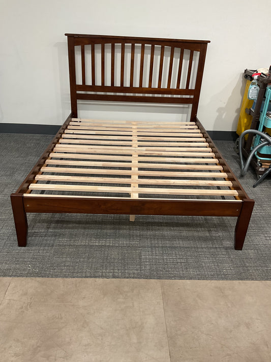 Dark Wood Queen Bed Frame with Slatted Headboard (A60)
