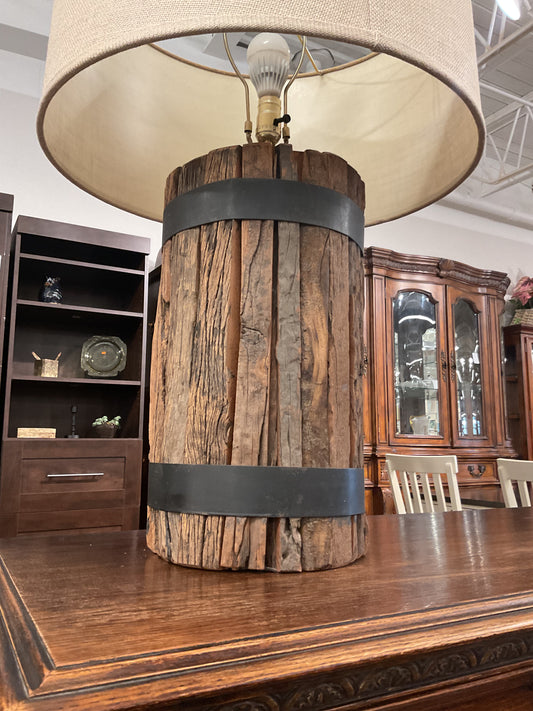 Rustic Wood Barrel Table Lamp w/ Burlap Shade